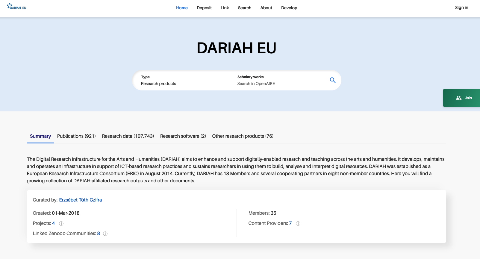 DARIAH OpenAIRE Community Gateway homepage screenshot