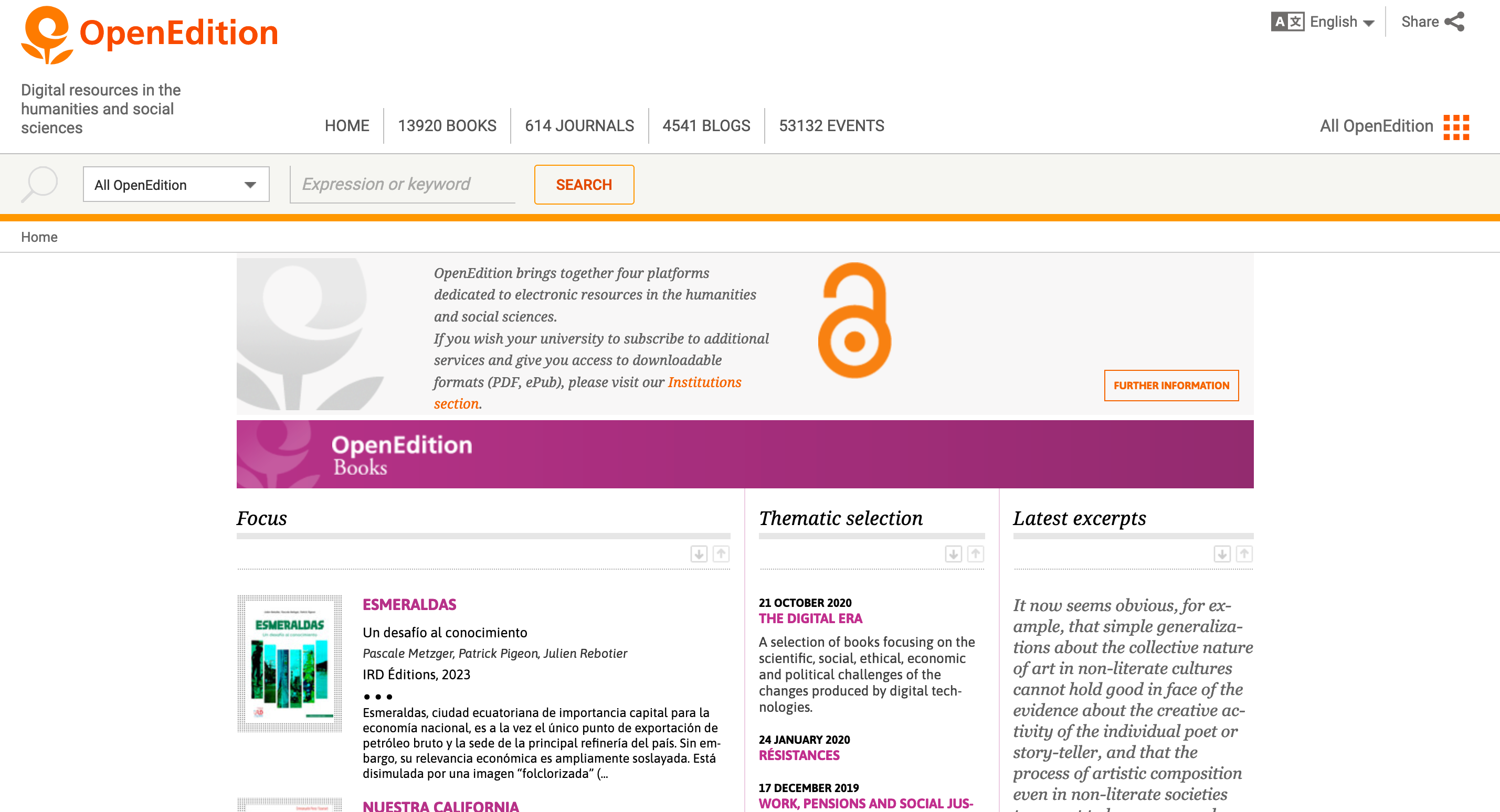 OpenEdition homepage screenshot